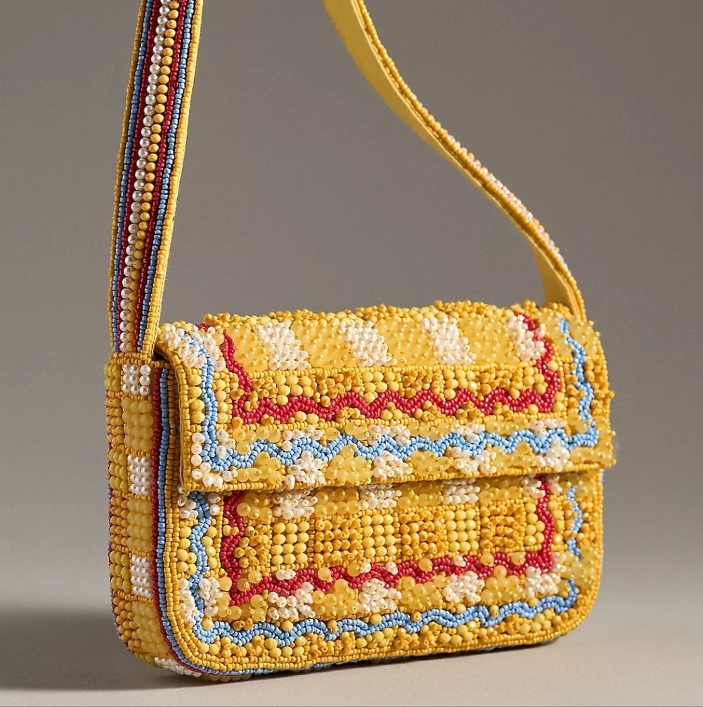 🌼 NWT Anthropologie Fiona playful plaid beaded purse